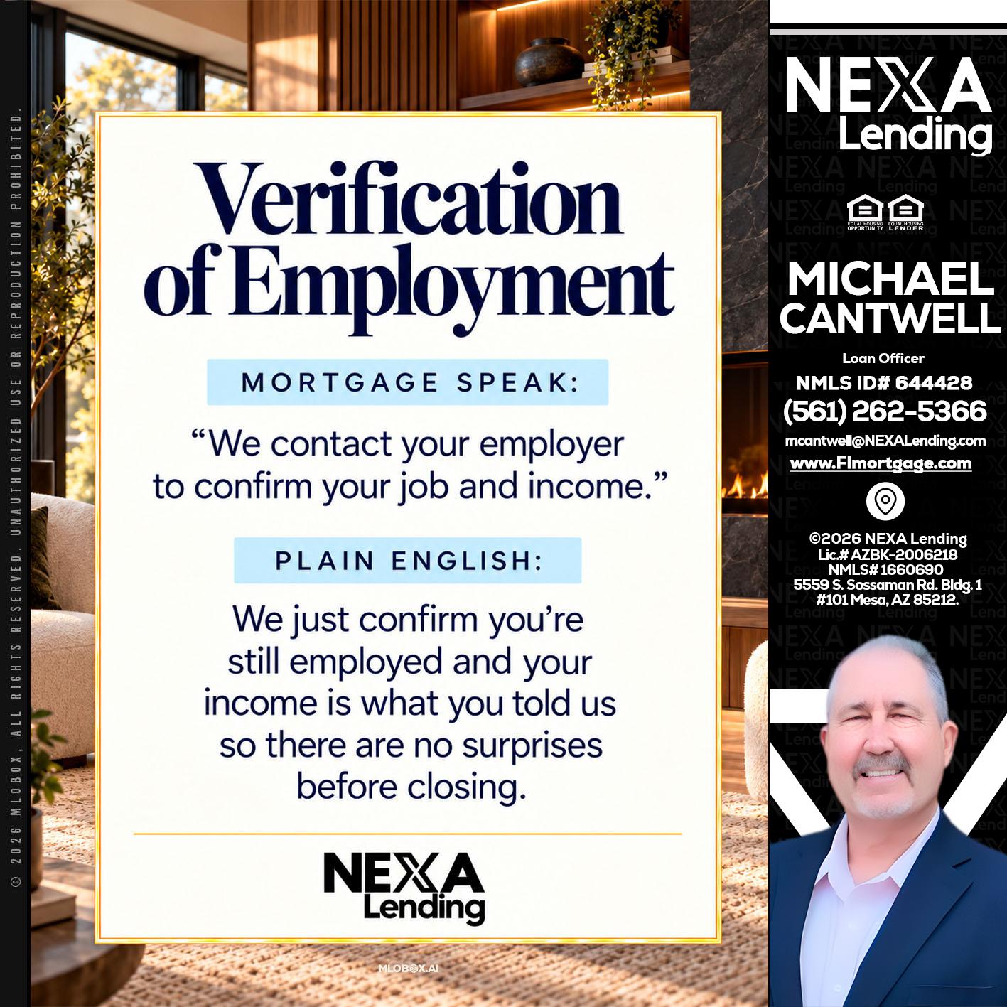 VERIFICATION OF EMPLOYMENT - Michael Cantwell -Loan Officer